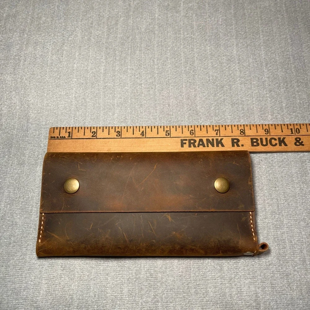 Distressed Genuine Brown Leather Long Wallet Snap Closure Card Holder Zip‎